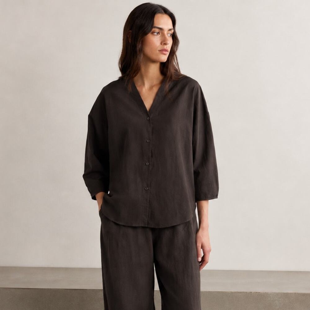 COS V-Neck Linen-Cotton Shirt Womens S Brown 3/4 Sleeve Button-up Relaxed